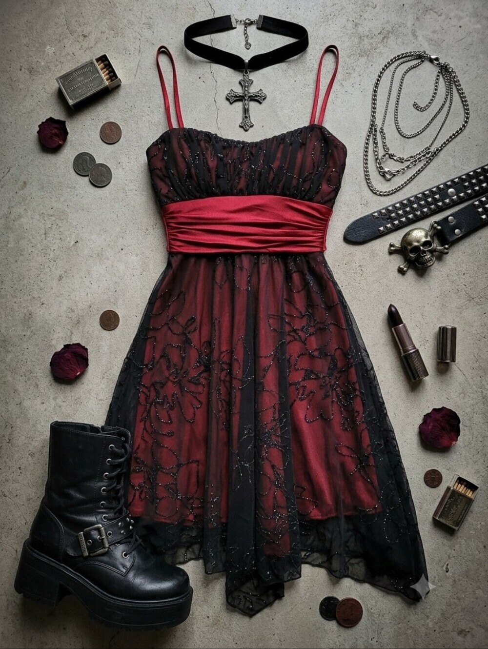90s Y2K Vampy Goth Grunge Glitter Floral Overlay Dress